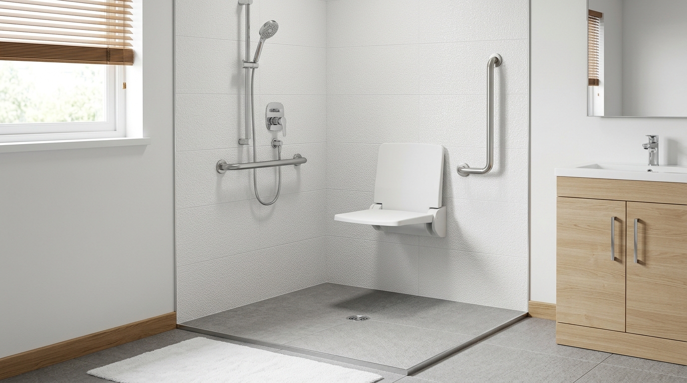After: low-threshold shower with a seat and grab bars replacing the original bathtub