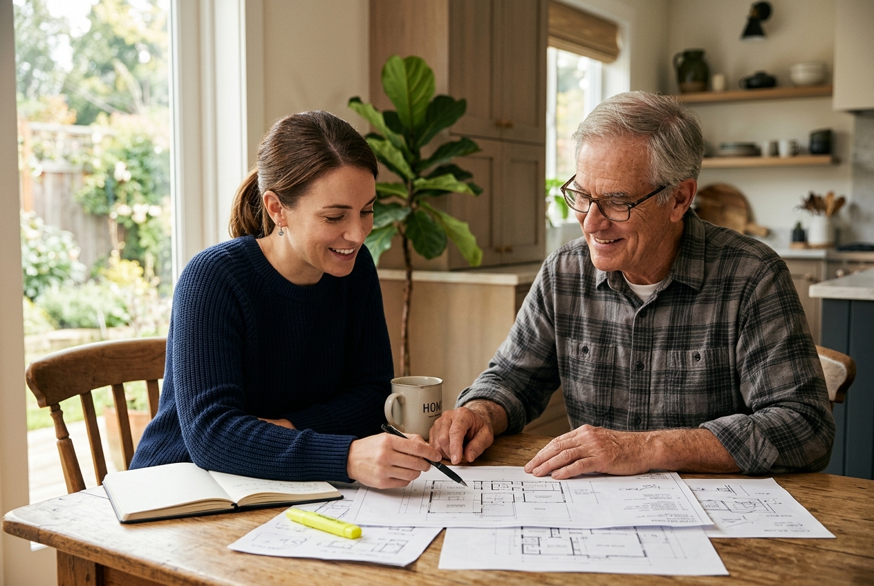 An adult daughter and her father reviewing bathroom project plans together at a kitchen table