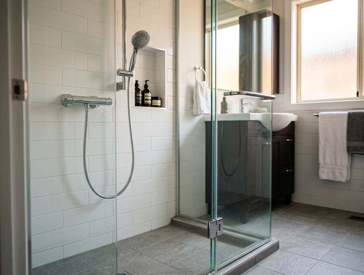 Finished tub-to-shower conversion with a low threshold and a glass shower door