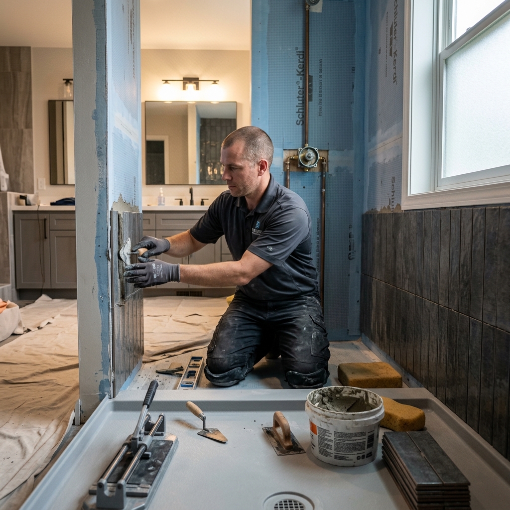 Installer working on a bathroom conversion project