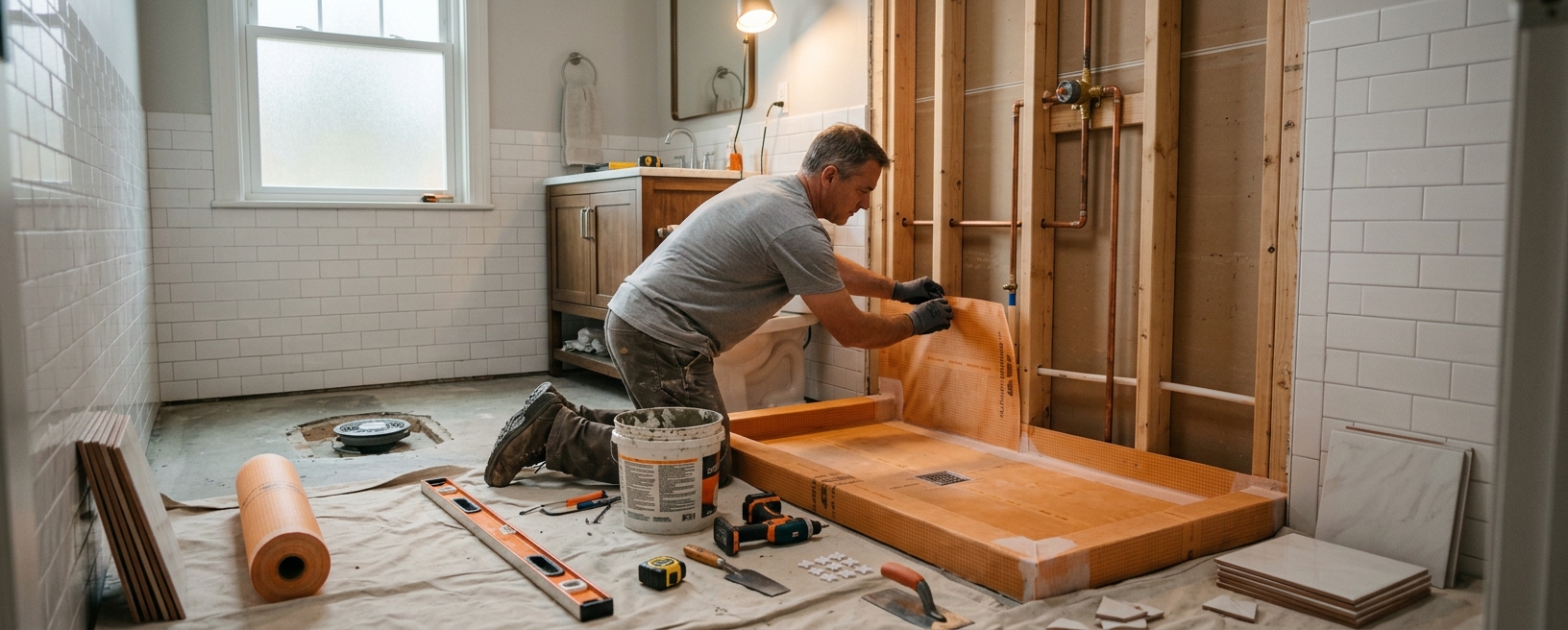 Tub-to-shower conversion in progress with the bathtub removed