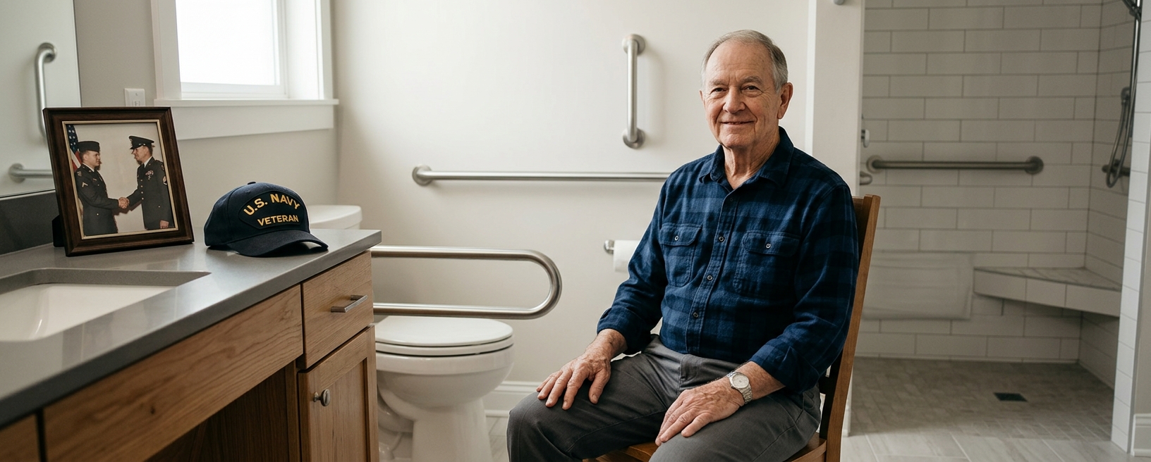 Veteran at home, where VA benefits may support accessible bathroom modifications