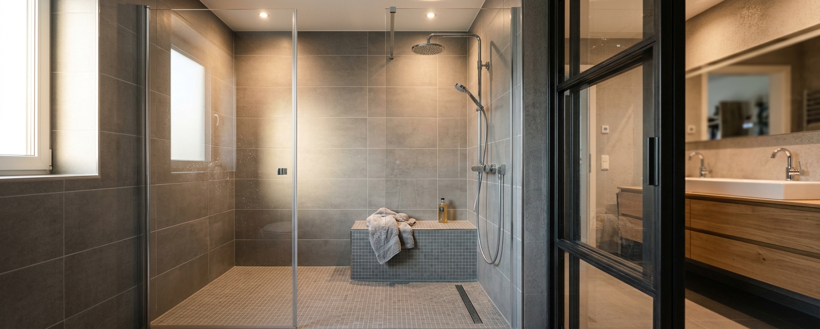 Contractor installing a walk-in shower base and wall panels