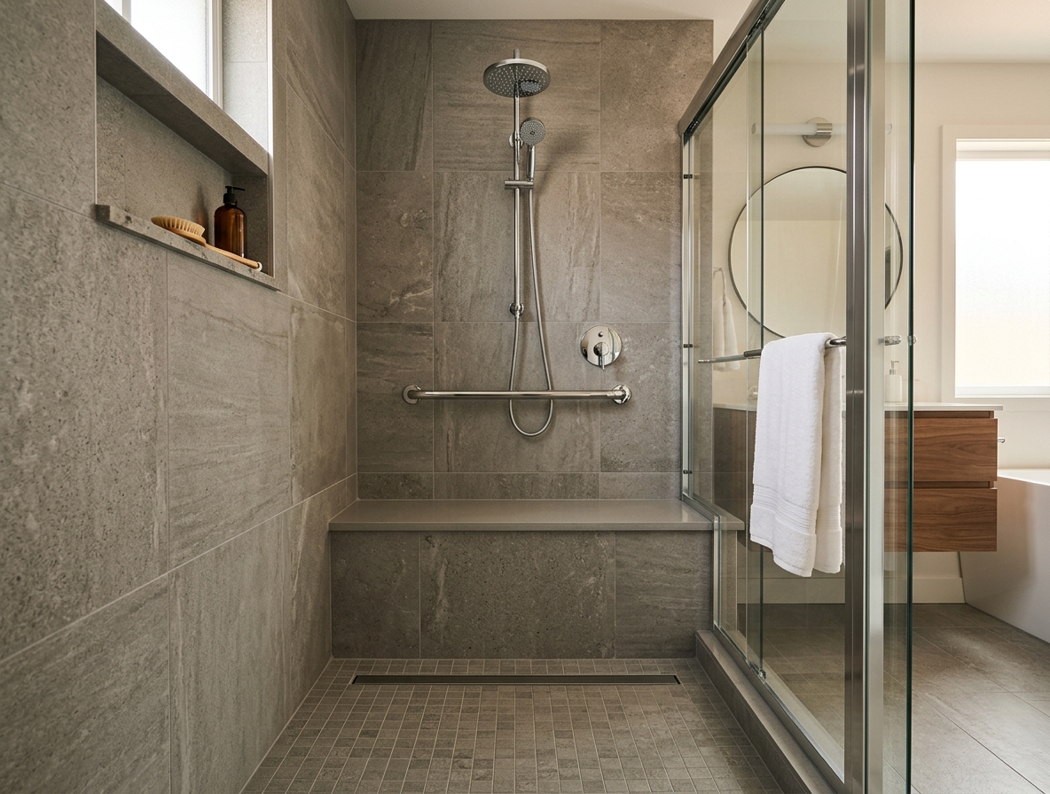 Walk-in shower with a low threshold, seat and grab bar