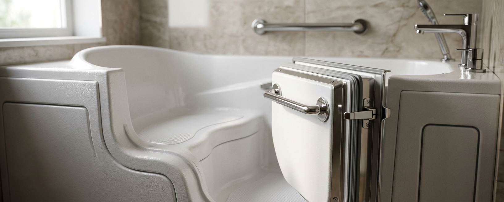 Close-up of a walk-in tub door seal and built-in seat