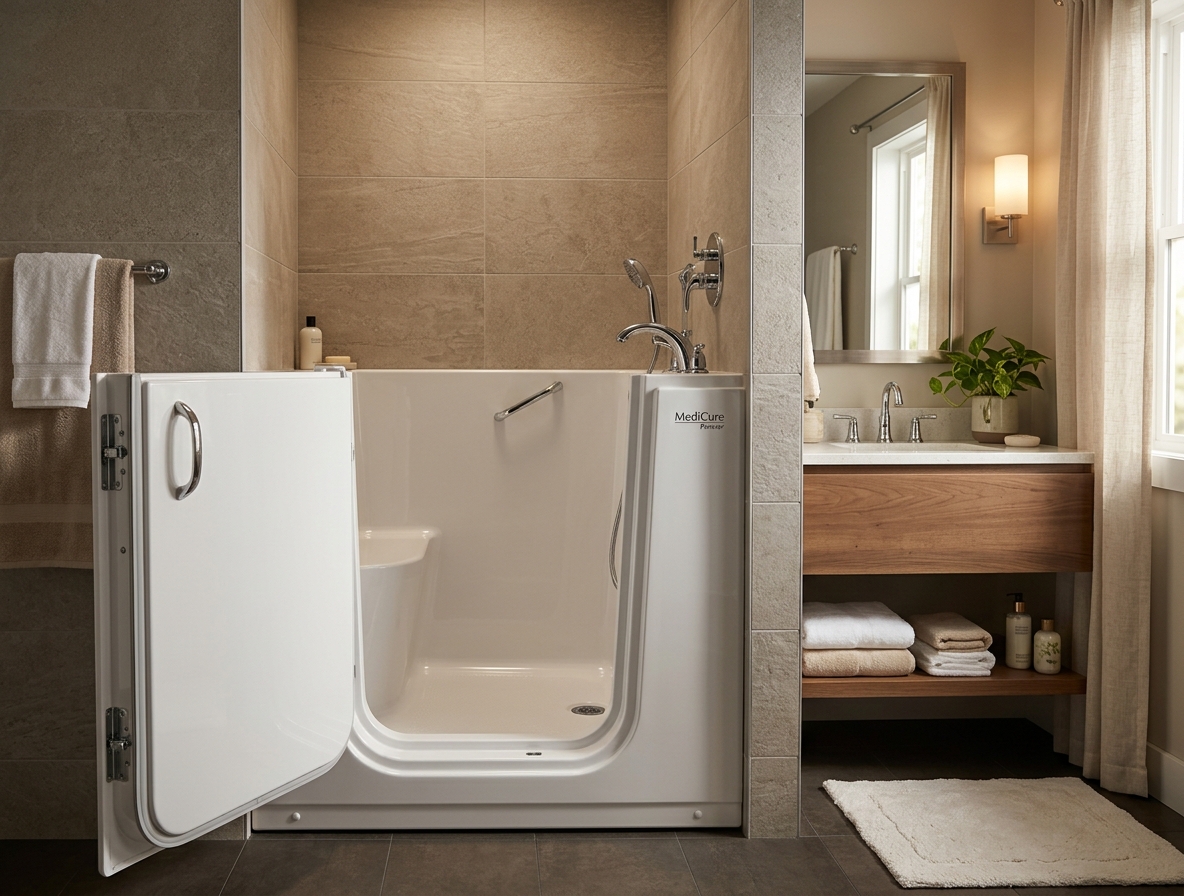 Walk-in tub with its door open in a warm, comfortable residential bathroom