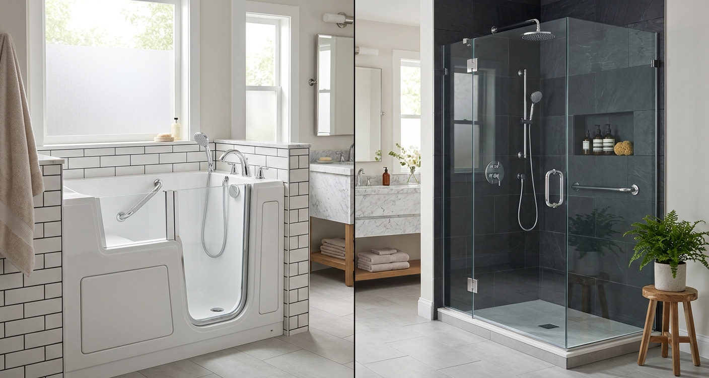 Walk-in tub and walk-in shower shown side by side for comparison