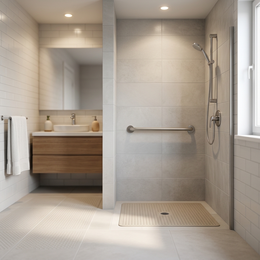 Well-lit bathroom with slip-resistant flooring and accessible fixtures